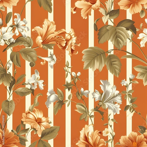 Pattern of stripes and flowers in the style of wallpaper and upholstery fabrics in the 19th century. Repeatable Pattern.