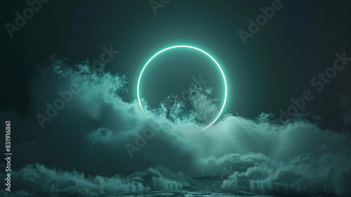 Gentle mint neon ring lights up swirling clouds in a dark sky, framed in 3D widescreen, photo