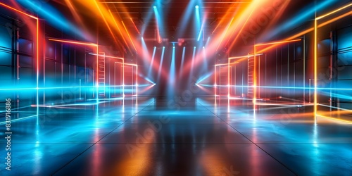 Vibrant neon lights brighten audienceless modern game show stage with colorful glow. Concept Game Shows, Neon Lights, Colorful Glow, Modern Design, Audienceless Stage photo