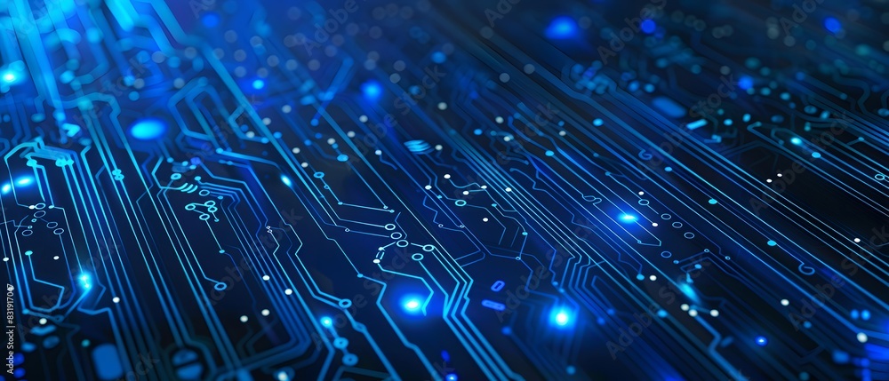 Blue technology background with a circuit board and light effect presentation design template for business, science or tech themes. Vector illustration of a blue digital futuristic abstract Blue technology background with a circuit board and light effect presentation design template for business, science or tech themes. Vector illustration of a blue digital futuristic abstract