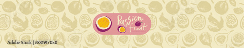 Pattern passion fruit seamless. Hand drawn granadilla illustrations. Exotic fruits ornament. Granadilla background for cosmetics, fruits puree or juice label. Vector fabric tropical fruit banner.