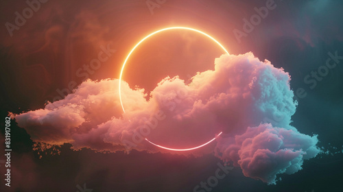 Peach neon ring casts a bright light around swirling clouds in a dark sky, 3D frame, photo