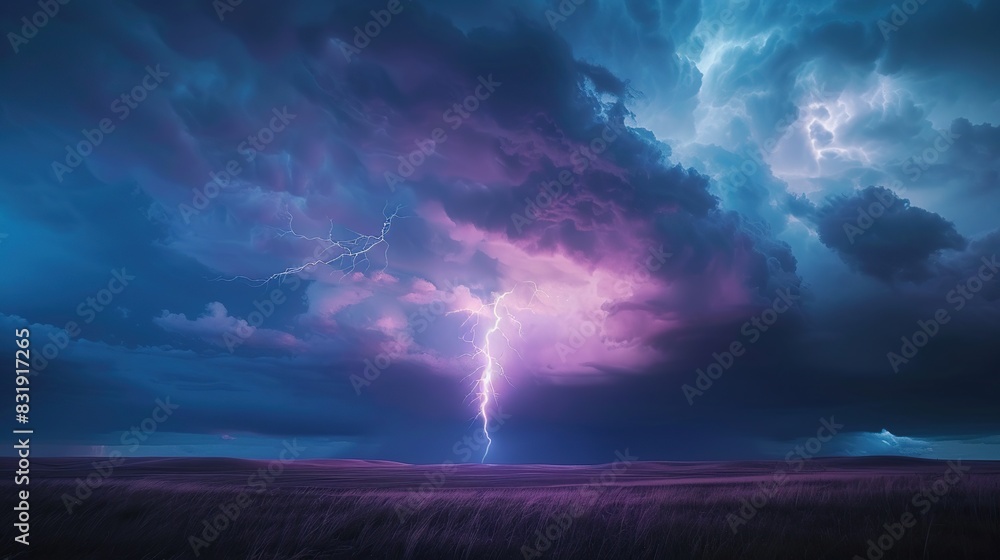 A single lightning bolt coming from the ominous clouds over the rolling flint hills of Kansas. Natural Geographic style. Thei lightning bolt is intense and bright. The sky is moody and colorful. A single lightning bolt coming from the ominous clouds over the rolling flint hills of Kansas. Natural Geographic style. Thei lightning bolt is intense and bright. The sky is moody and colorful.