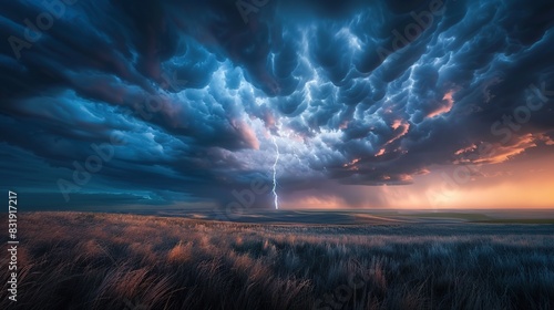 A single lightning bolt coming from the ominous clouds over the rolling flint hills of Kansas. Natural Geographic style. Thei lightning bolt is intense and bright. The sky is moody and colorful. photo