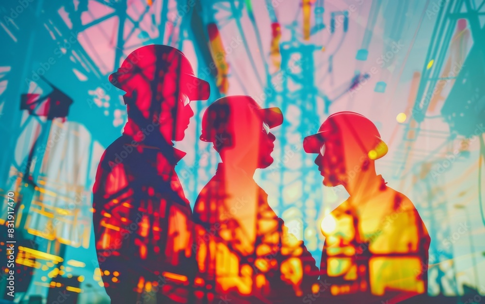 Obraz premium Industrial workers in energy sector close up, focus on, copy space, vibrant colors, Double exposure silhouette with machinery