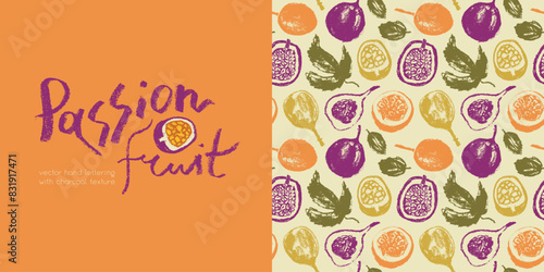 Pattern passion fruit seamless. Hand drawn granadilla illustrations. Exotic fruits ornament. Granadilla background for cosmetics, fruits puree or juice label. Vector fabric tropical fruit banner.