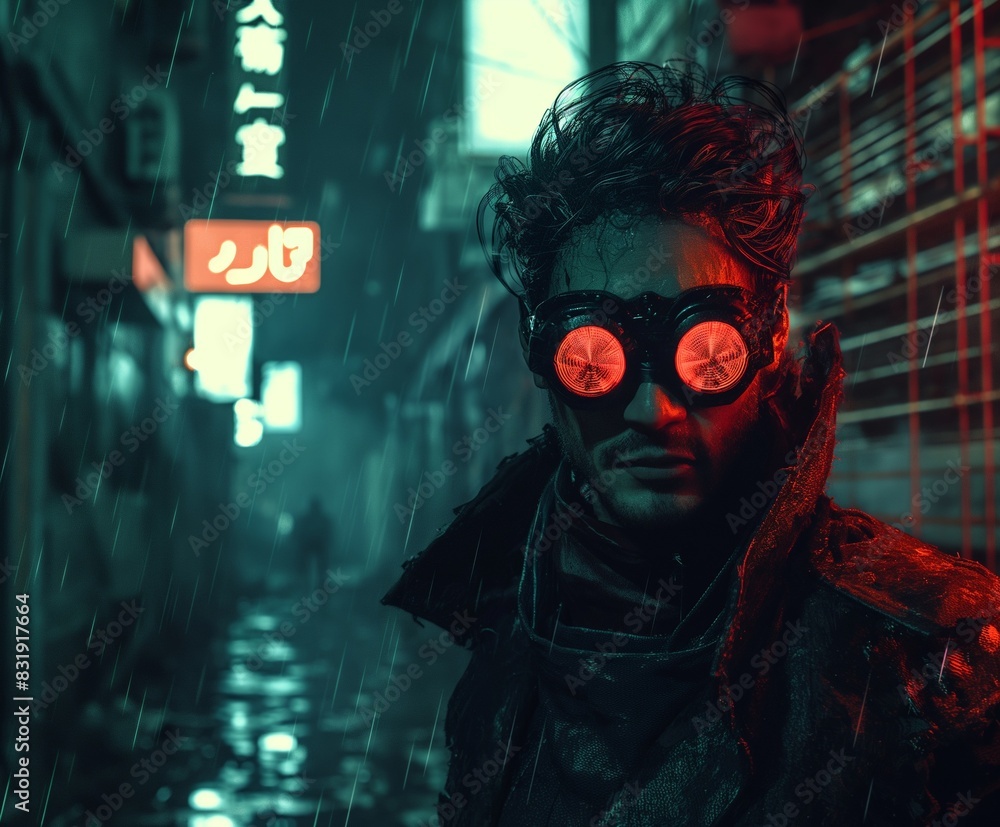 Cyberpunk Detective in Dark Alley with High-Tech Goggles, Neon Signs, and Reflections Cyberpunk Detective in Dark Alley with High-Tech Goggles, Neon Signs, and Reflections