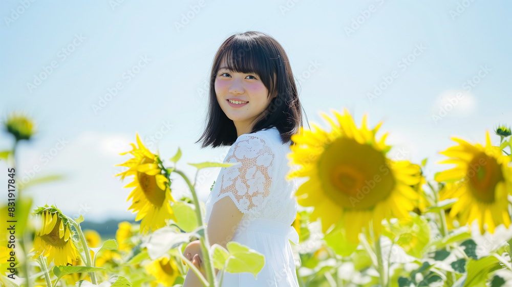 ひまわり畑で微笑む若い女性 ひまわり畑で微笑む若い女性
