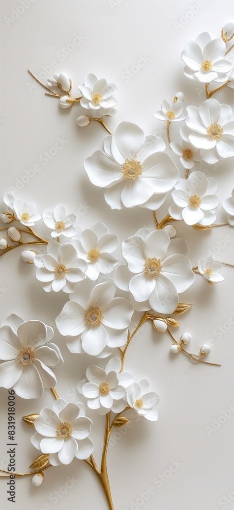 White flowers with golden leaves on white background. White and golden luxury 3d floral background White flowers with golden leaves on white background. White and golden luxury 3d floral background