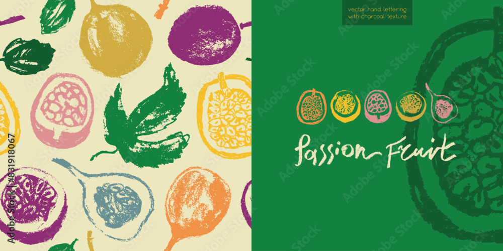 Pattern passion fruit seamless. Hand drawn granadilla illustrations. Exotic fruits ornament. Granadilla background for cosmetics, fruits puree or juice label. Vector fabric tropical fruit banner. Pattern passion fruit seamless. Hand drawn granadilla illustrations. Exotic fruits ornament. Granadilla background for cosmetics, fruits puree or juice label. Vector fabric tropical fruit banner.