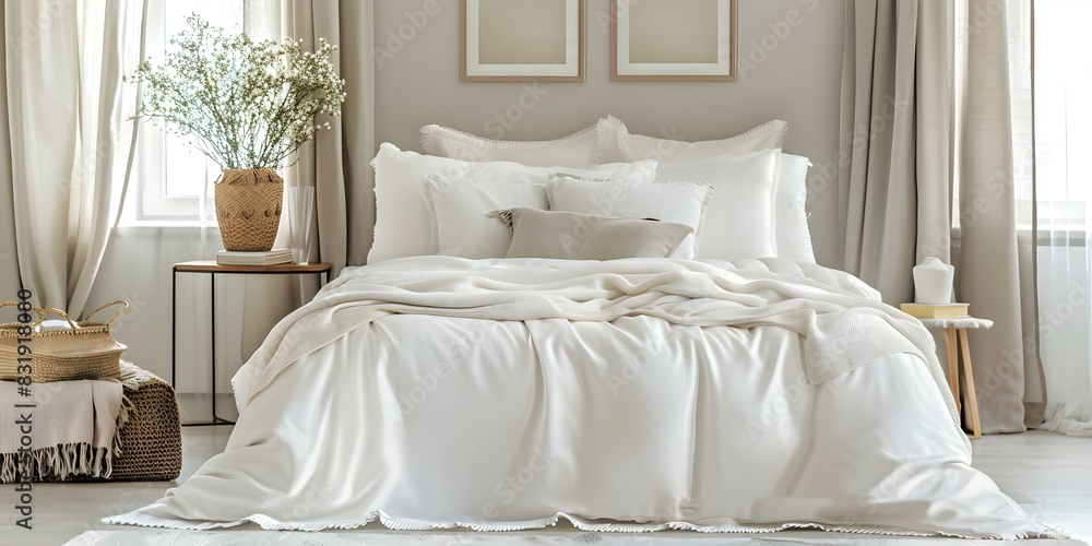 Serene Bedroom with White Linens, Pillows, and Blanket from a Top-Down Perspective. Concept Bedroom Decor, Home Interior, White Linens, Top-Down View, Serene Atmosphere Serene Bedroom with White Linens, Pillows, and Blanket from a Top-Down Perspective. Concept Bedroom Decor, Home Interior, White Linens, Top-Down View, Serene Atmosphere