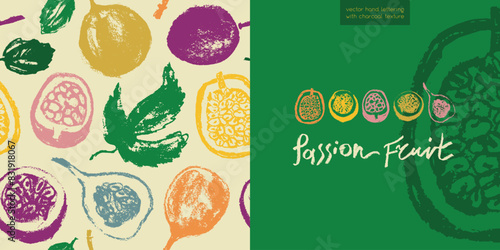 Pattern passion fruit seamless. Hand drawn granadilla illustrations. Exotic fruits ornament. Granadilla background for cosmetics, fruits puree or juice label. Vector fabric tropical fruit banner.