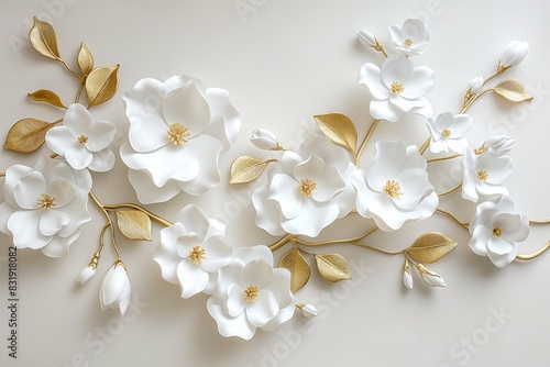 White flowers with golden leaves on white background. White and golden luxury 3d floral background