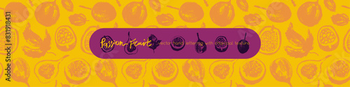 Pattern passion fruit seamless. Hand drawn granadilla illustrations. Exotic fruits ornament. Granadilla background for cosmetics, fruits puree or juice label. Vector fabric tropical fruit banner.