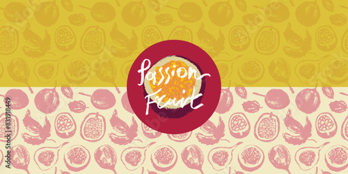 Pattern passion fruit seamless. Hand drawn granadilla illustrations. Exotic fruits ornament. Granadilla background for cosmetics, fruits puree or juice label. Vector fabric tropical fruit banner.