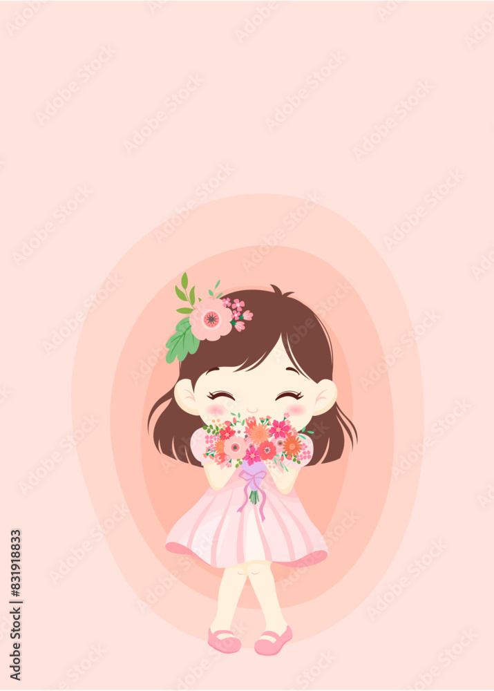 Cute girl cartoon with pink flowers bouquet. card design. vector illustration. Cute girl cartoon with pink flowers bouquet. card design. vector illustration.
