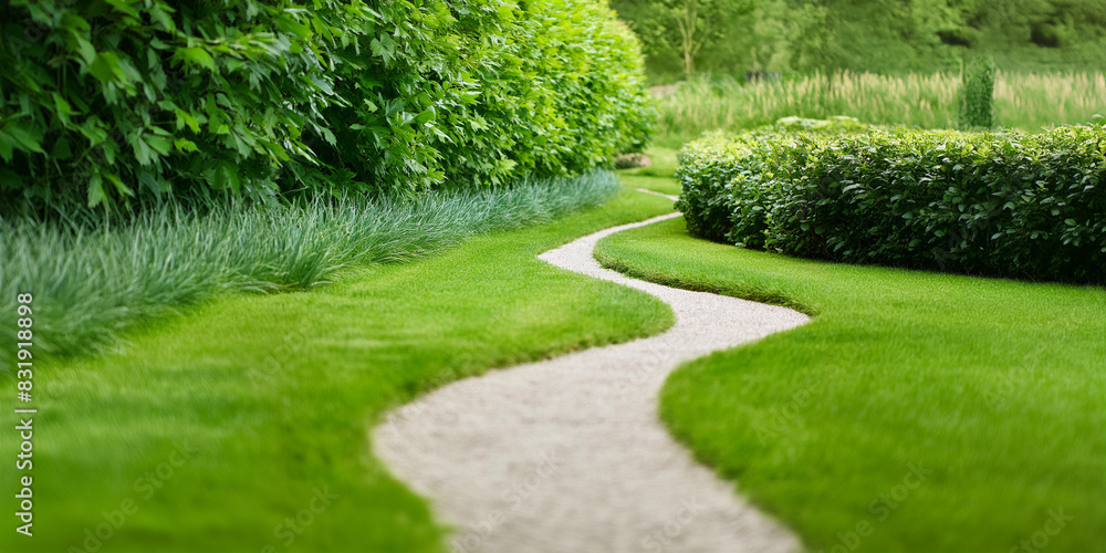 Beautiful twisting garden path through a typical English country garden with bushes and lush green grass lawn.