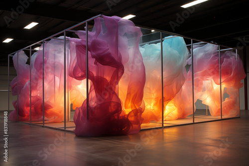 A Detailed Sculpture Featuring a Series of Large, Transparent Membranes Suspended in a Vast Space 