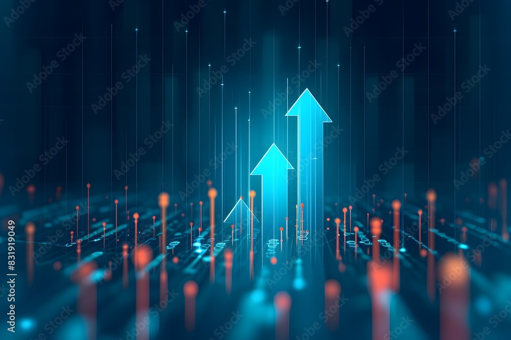 A blue background with glowing arrows pointing upwards, representing ...