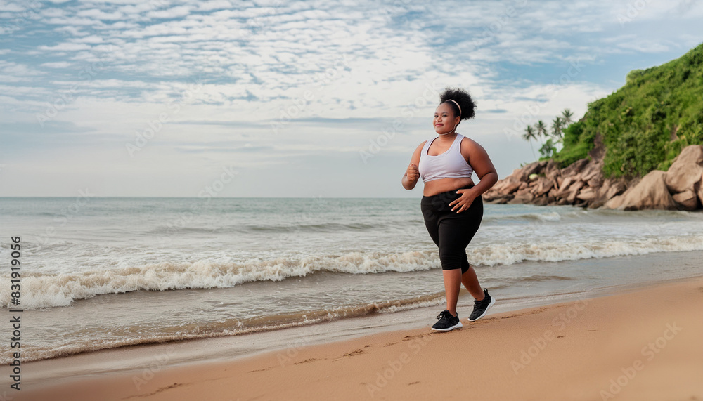 Overweight plus size woman, running on the beach to help her in losing weight as part of a healthy lifestyle. Overweight plus size woman, running on the beach to help her in losing weight as part of a healthy lifestyle.