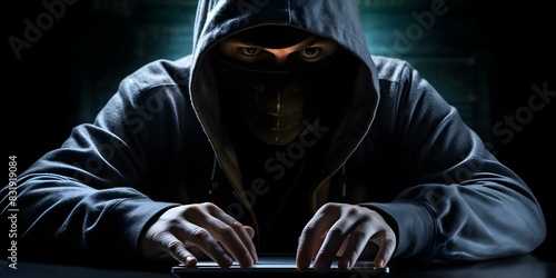 A cybercriminal in a hoodie mask engaged in hacking activities. Concept Cybercrime, Hacker in Hoodie, Computer Hacking, Cybersecurity Threats, Illegal Activities