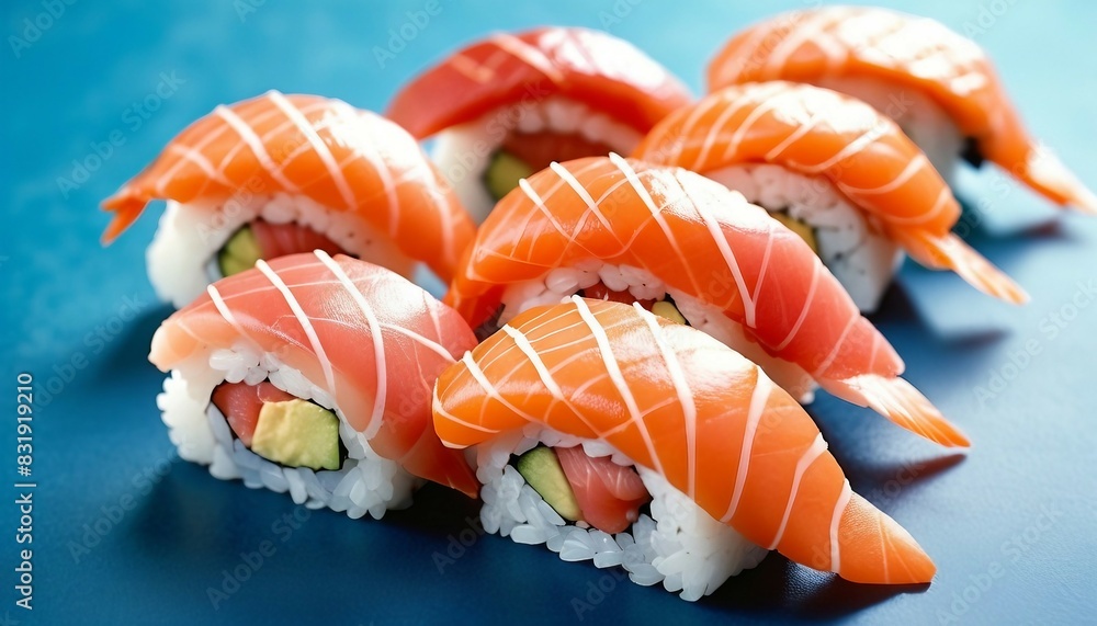 A piece of Sushi, blue background
A piece of Sushi, blue background