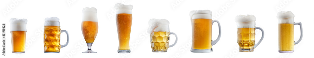 Set of beer cocktails with foam isolated on white background Set of beer cocktails with foam isolated on white background