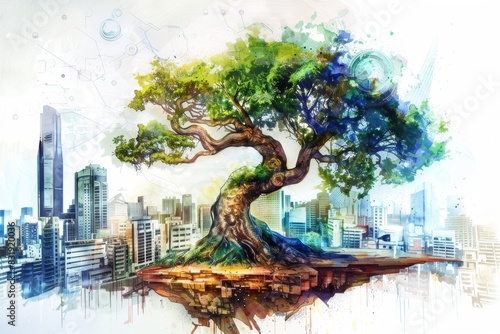 Design a mural of sentient urban art depicting a wise old tree growing in the heart of a futuristic city