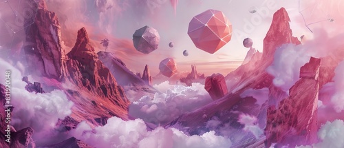 Craft a surreal landscape scene featuring floating geometric shapes in a dreamy pastel color scheme, blending traditional watercolor techniques with digital enhancements photo