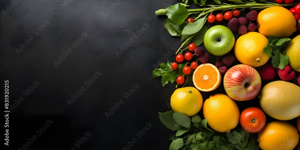 Promoting Healthy Eating Choices: Flat Lay of Fresh Fruits and Vegetables. Concept Healthy Choices, Flat Lay, Fruits, Vegetables, Nutrition Promoting Healthy Eating Choices: Flat Lay of Fresh Fruits and Vegetables. Concept Healthy Choices, Flat Lay, Fruits, Vegetables, Nutrition