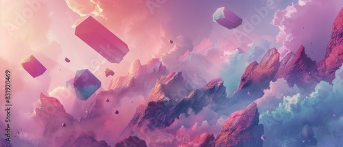 Craft a surreal landscape scene featuring floating geometric shapes in a dreamy pastel color scheme, blending traditional watercolor techniques with digital enhancements photo