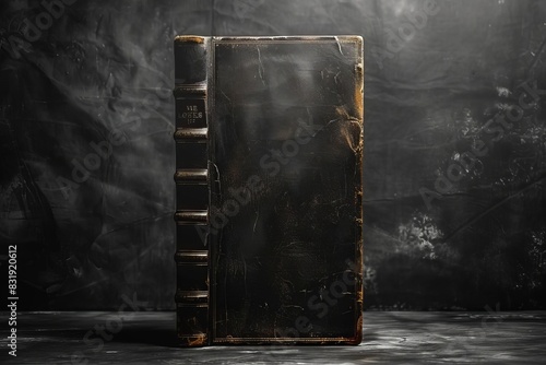 black book standing in inky black darkness, black background photo