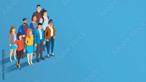 Team with contemporary arrangement, isometric vector illustration isolated on blue background.