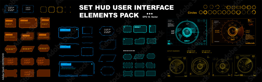 Set of HUD elements frames, windows, dialog frames, radars, sights and circles for the HUD user interface. Modern dialog boxes, frames and interface elements. Big vector set of HUD elements Set of HUD elements frames, windows, dialog frames, radars, sights and circles for the HUD user interface. Modern dialog boxes, frames and interface elements. Big vector set of HUD elements