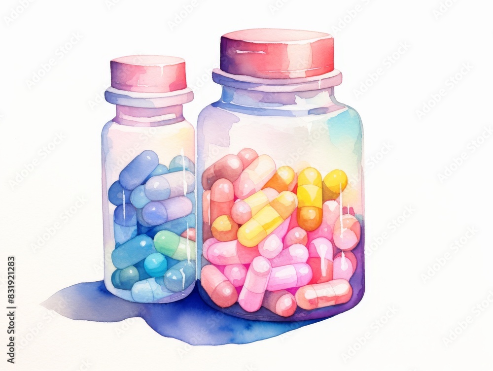 A softly lit watercolor illustration of an open pill bottle spilling colorful capsules A softly lit watercolor illustration of an open pill bottle spilling colorful capsules