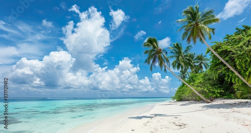 Beautiful tropical beach with white sand  palm trees  turquoise ocean against blue sky with clouds on sunny summer day  Maldives.