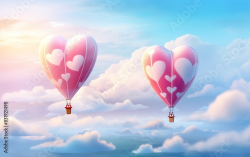 Digital illustration of two heart-shaped balloons floating together in a clear blue sky, strings intertwined, clouds forming subtle heart shapes, whimsical and dreamy atmosphere