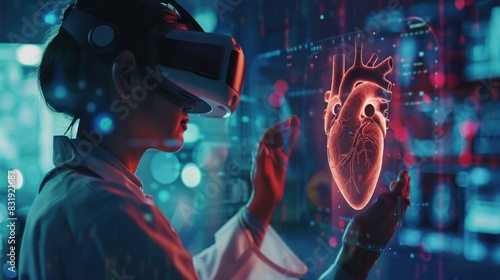 A cardiologist wears virtual reality glasses and examines the heart.
