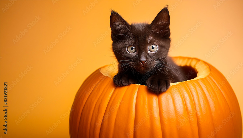 Cute black kitten sitting in a large pumpkin, Halloween, Thanksgiving, seasonal Autumn, fall image Cute black kitten sitting in a large pumpkin, Halloween, Thanksgiving, seasonal Autumn, fall image