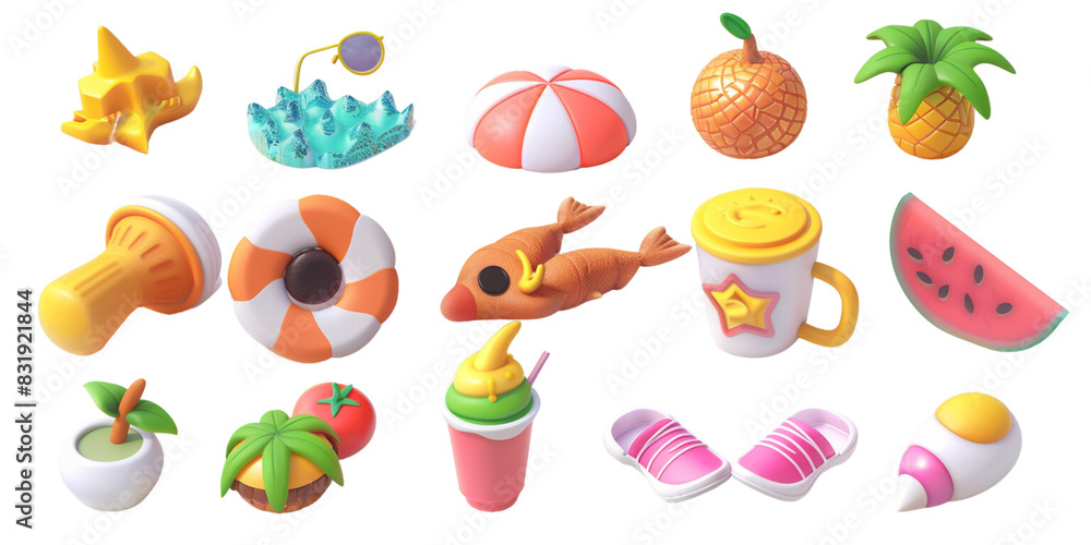 Summer elements 3d icon set clipart isolated white on background Summer elements 3d icon set clipart isolated white on background