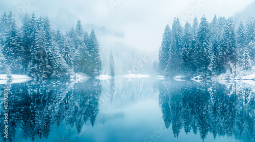 Serene winter lake and snowcovered pines photo