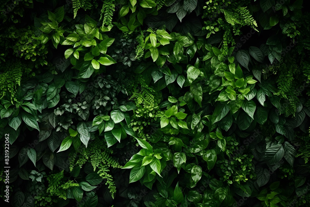 A dense, lush green foliage background with dark and moody lighting. The leaves create an intricate pattern of textures and shapes, creating depth in the visual composition. A dense, lush green foliage background with dark and moody lighting. The leaves create an intricate pattern of textures and shapes, creating depth in the visual composition.