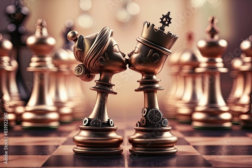 chess pieces queen and king kissing, valentine day style, conceptual art