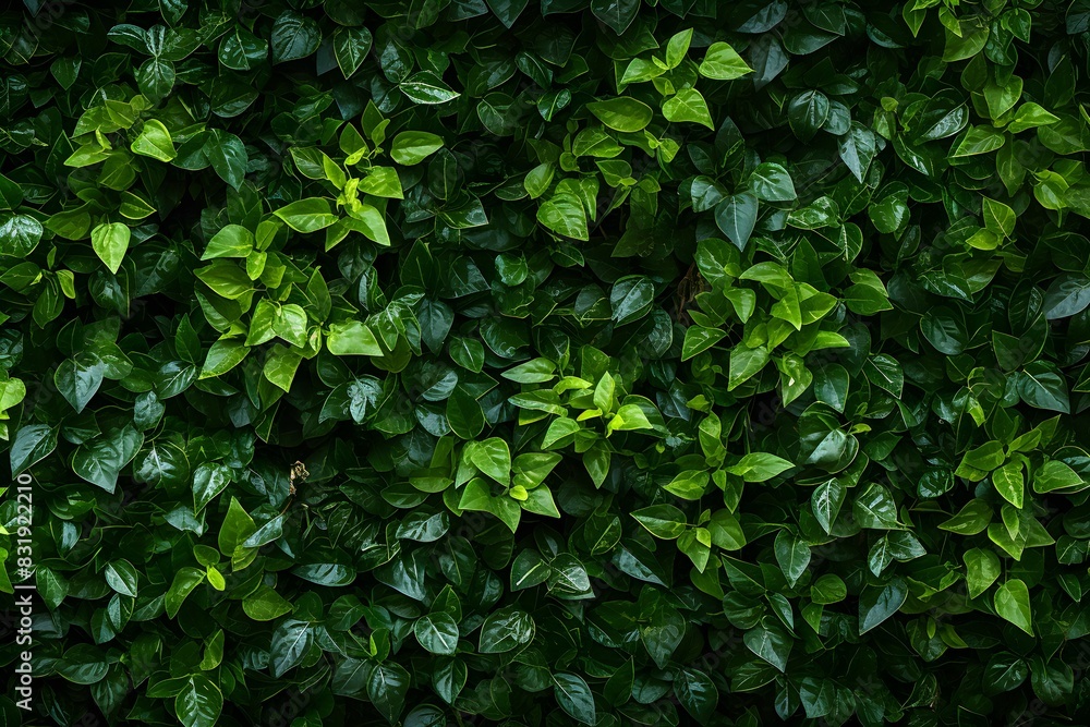 A dense, lush green foliage background with dark and moody lighting. The leaves create an intricate pattern of textures and shapes, creating depth in the visual composition.