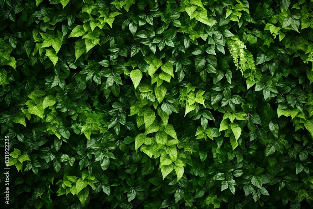 A dense, lush green foliage background with dark and moody lighting. The leaves create an intricate pattern of textures and shapes, creating depth in the visual composition. A dense, lush green foliage background with dark and moody lighting. The leaves create an intricate pattern of textures and shapes, creating depth in the visual composition.