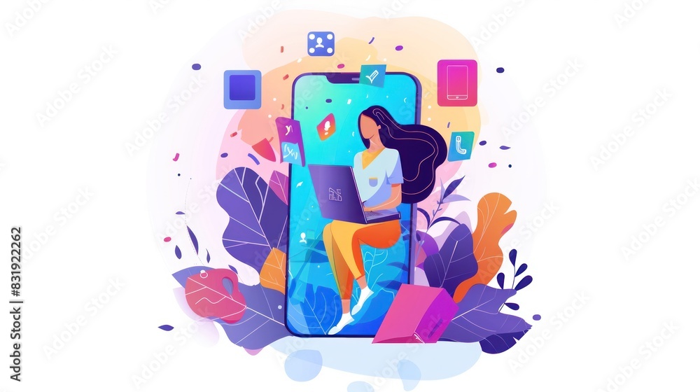 Remote working concept with online illustration in modern workplace Remote working concept with online illustration in modern workplace