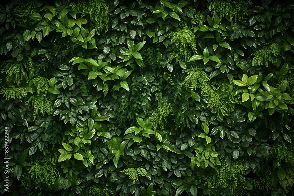 Obraz premium A dense, lush green foliage background with dark and moody lighting. The leaves create an intricate pattern of textures and shapes, creating depth in the visual composition.