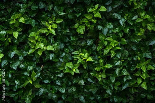 Wallpaper Mural A dense, lush green foliage background with dark and moody lighting. The leaves create an intricate pattern of textures and shapes, creating depth in the visual composition. Torontodigital.ca