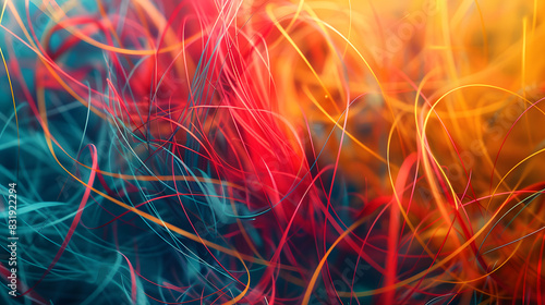 An abstract background with tangled, multicolored lines. Create a web of interweaving strands that vary in thickness and color, forming a complex, organic pattern that suggests movement photo