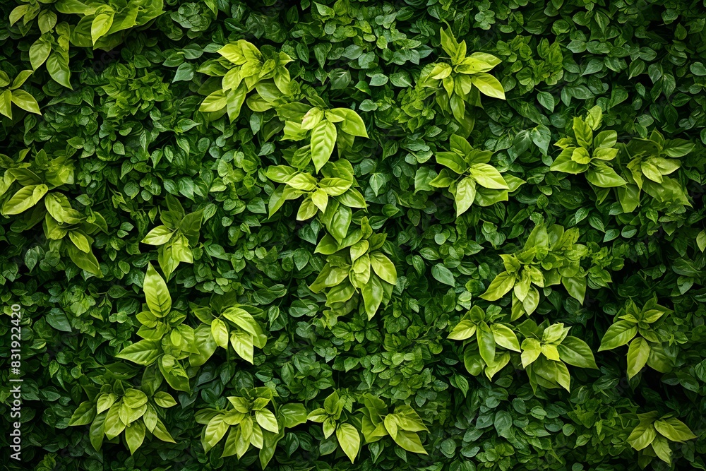Obraz premium A dense, lush green foliage background with dark and moody lighting. The leaves create an intricate pattern of textures and shapes, creating depth in the visual composition.